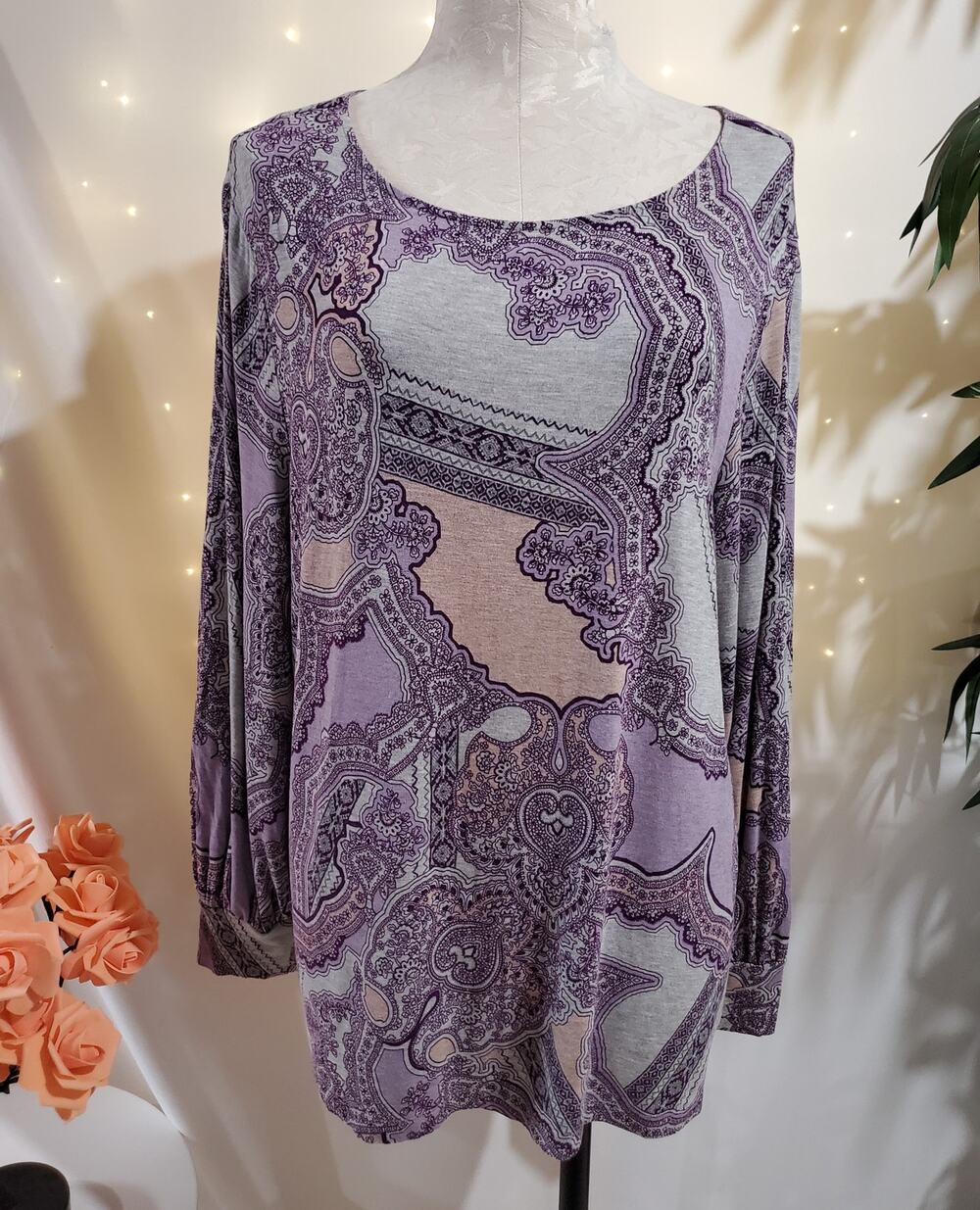 Chicos Paisley Boatneck Heathered Bishop Sleeve Top Womens Size XL Stretchy Soft